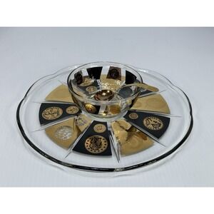 VINTAGE CORA Black Gold‎ Chip and Dip Serving Tray Spoon Relish Fruit Shows Wear
